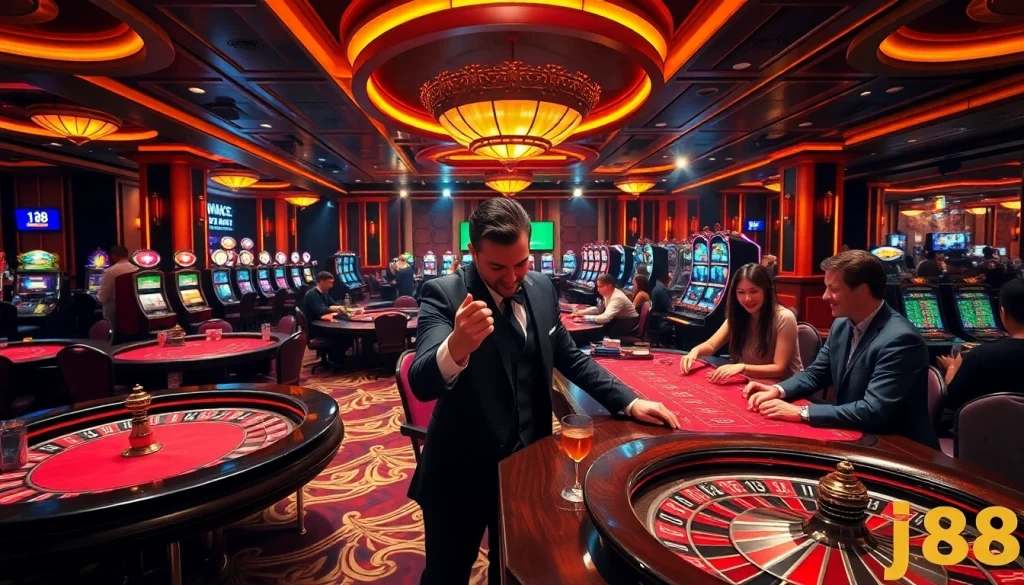Experience the thrill of winning at j88-themed casino tables with chips and cards in play.