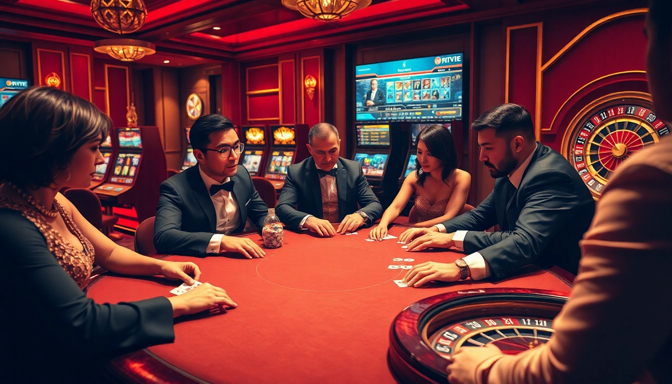 Players enjoying an intense poker game at Rikvip, with vibrant slot machines and a roulette wheel in the background.