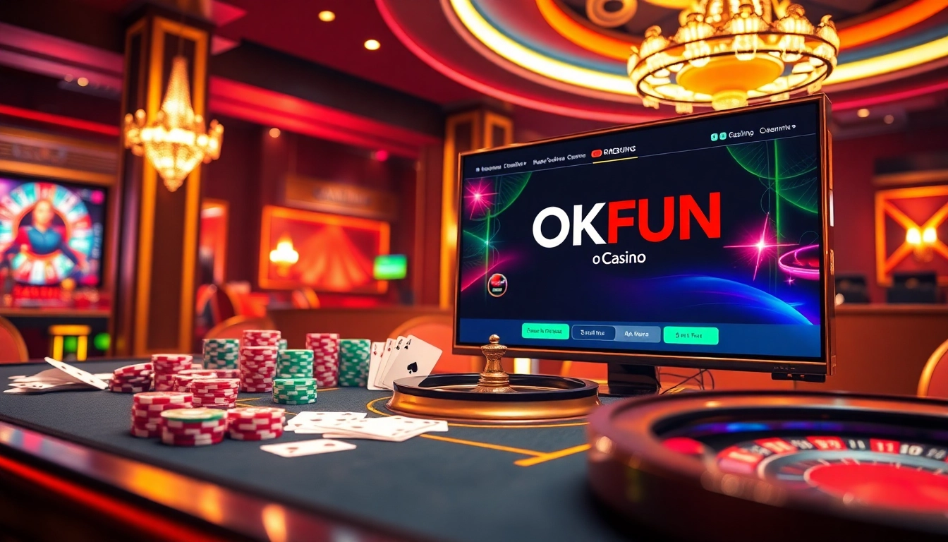 Engage in exciting online casino gaming with OKFUN, featuring vibrant tables, chips, and cards.