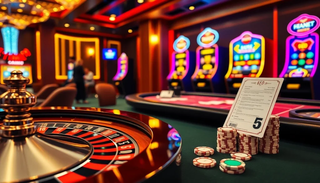 Engaging casino scene showcasing kèo nhà cái 5 with roulette, poker, and slots.