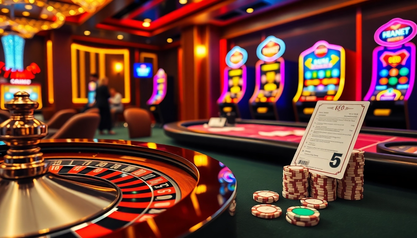Engaging casino scene showcasing kèo nhà cái 5 with roulette, poker, and slots.
