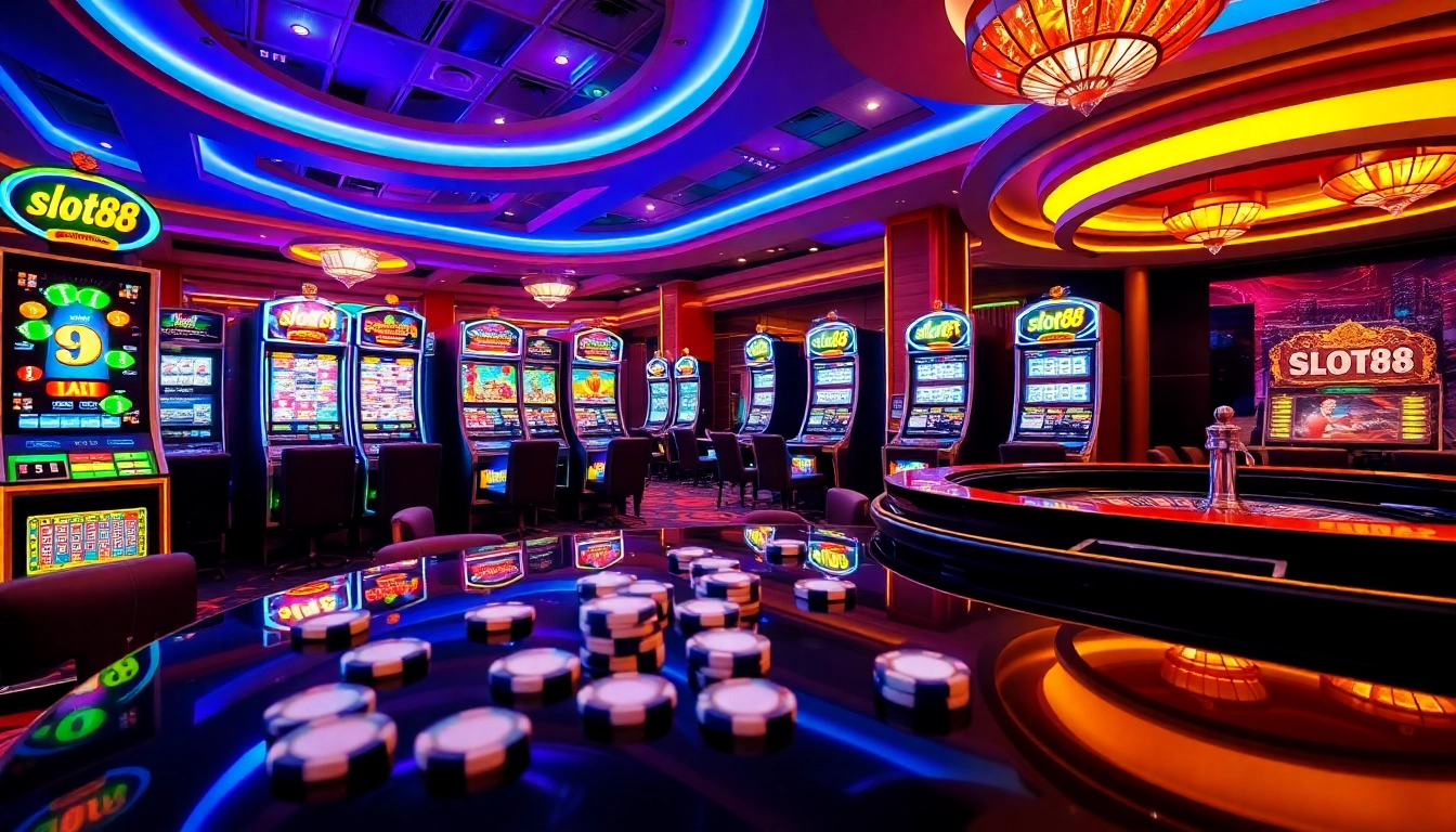 Experience excitement at slot88 with vibrant slot machines and poker chips in a bustling casino.