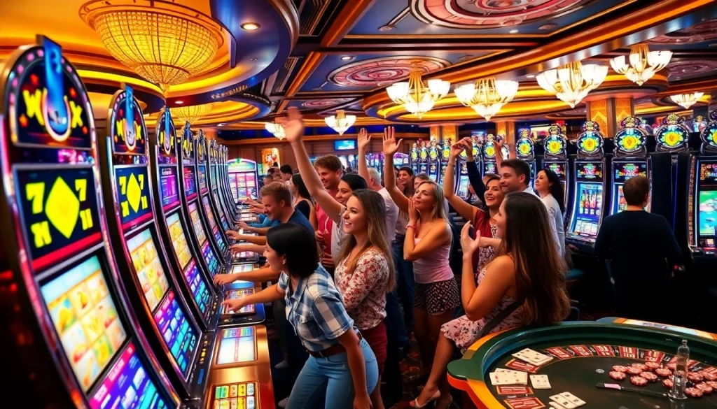 Players celebrating wins at lively slot gacor machines in a vibrant casino atmosphere.