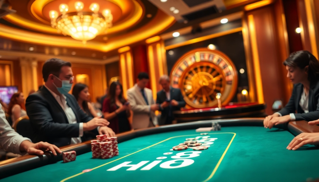 Players enjoying poker at a Hi88 casino table with vibrant atmosphere and luxurious design.