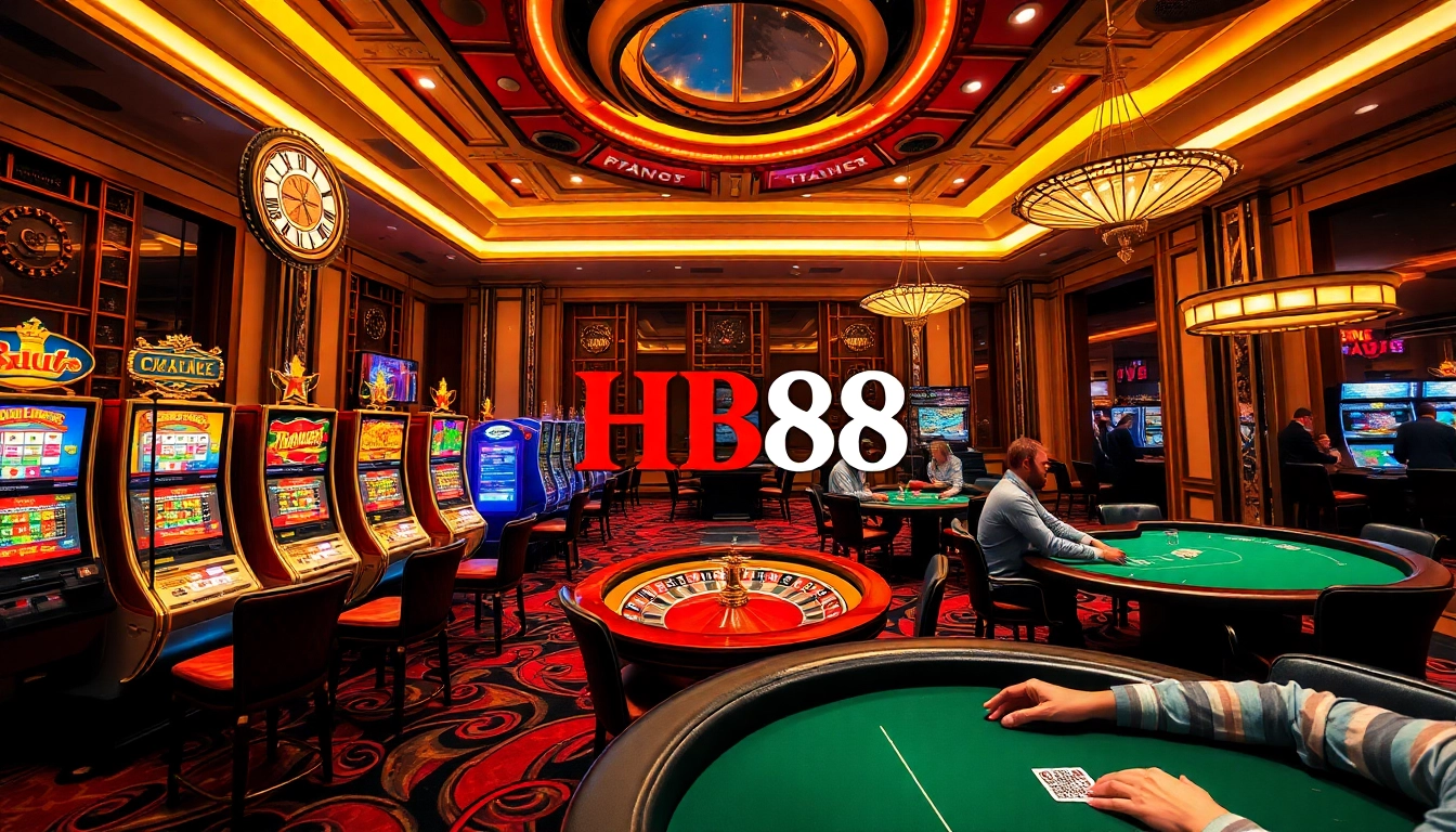 Exciting casino scene showcasing HB88 with players at roulette, poker tables, and vibrant slot machines.