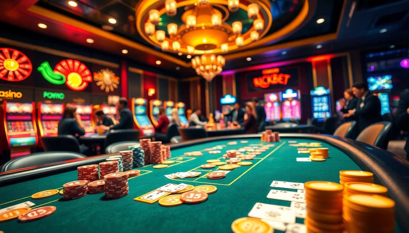 Experience the thrill of Casino rikbet with a high-stakes poker game featuring vibrant chips and cards.