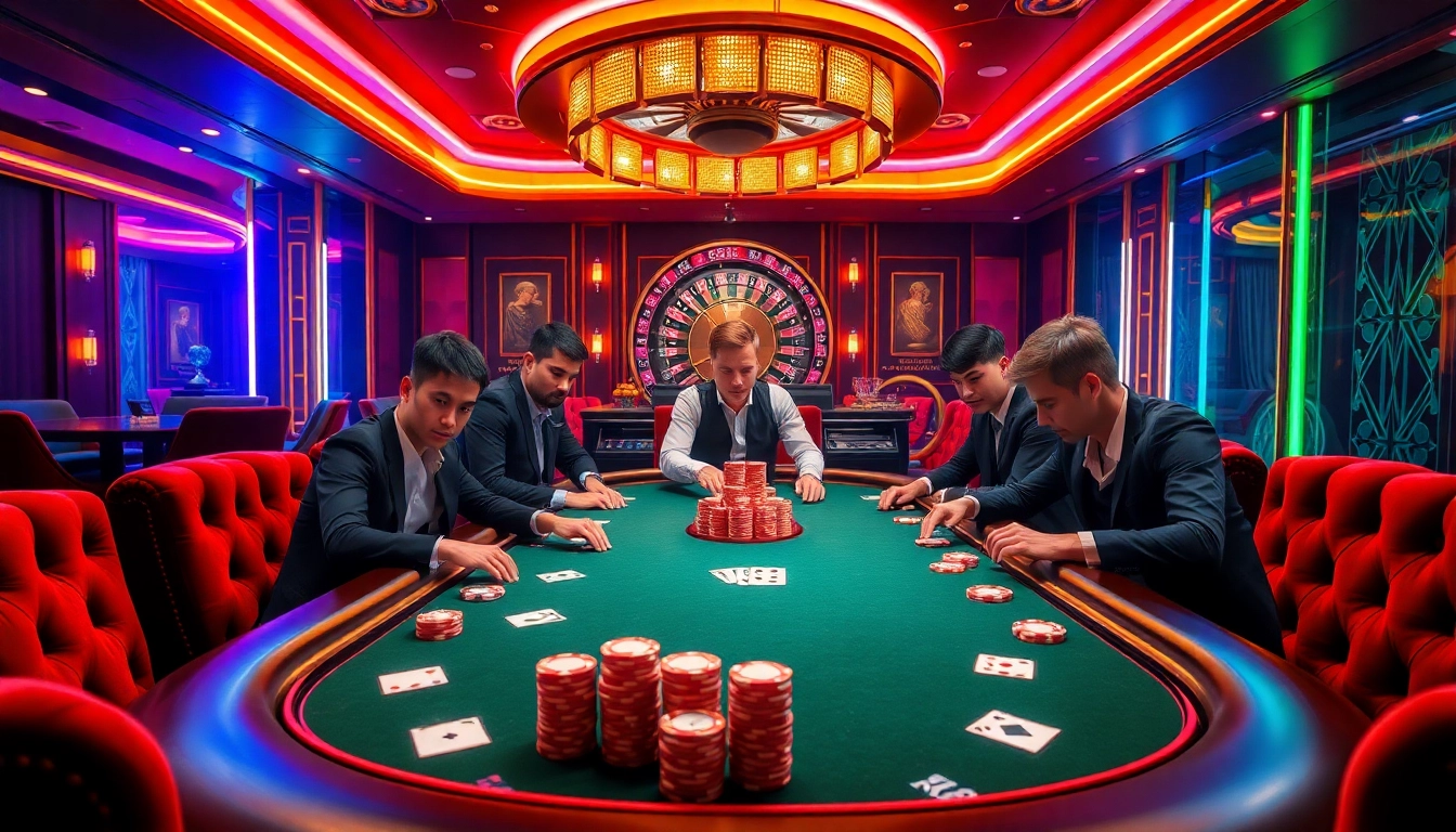 Players strategizing at a poker table in an NK88 casino scene filled with excitement and luxury.