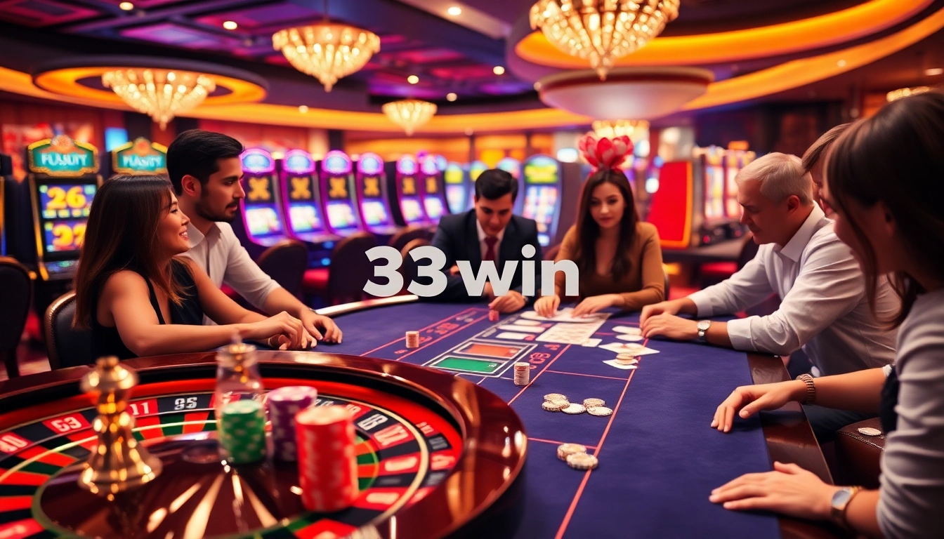 Players enjoying high-stakes poker at 33win's vibrant casino table.