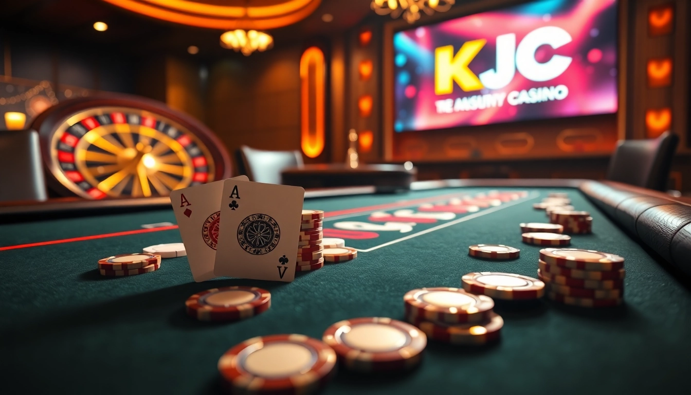 KJC showcases an exciting poker game featuring high-stakes chips and cards in a luxurious casino setting.
