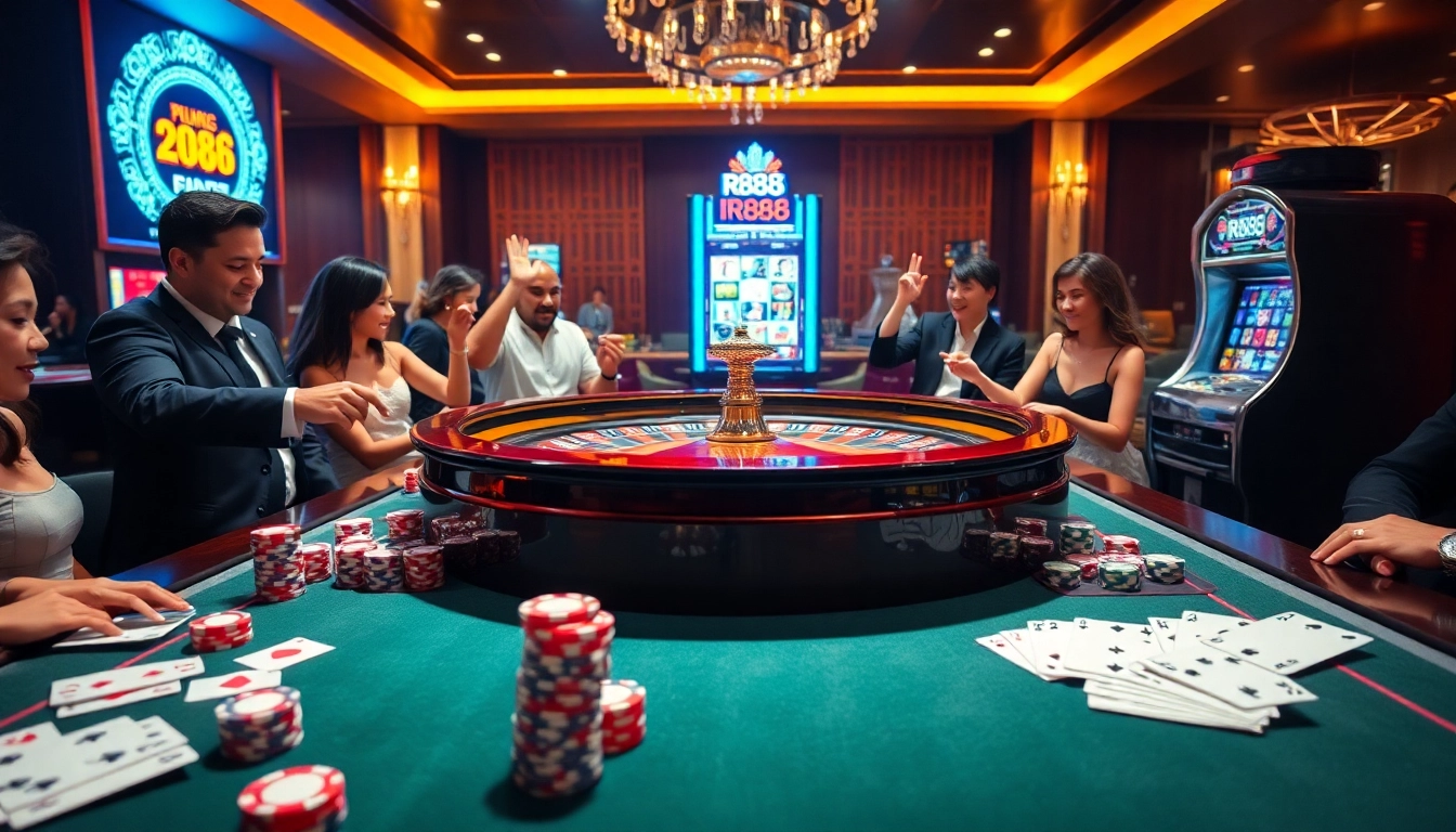 Experience thrilling gameplay at rr88 with a vibrant casino showcasing roulette, poker, and slot machines.