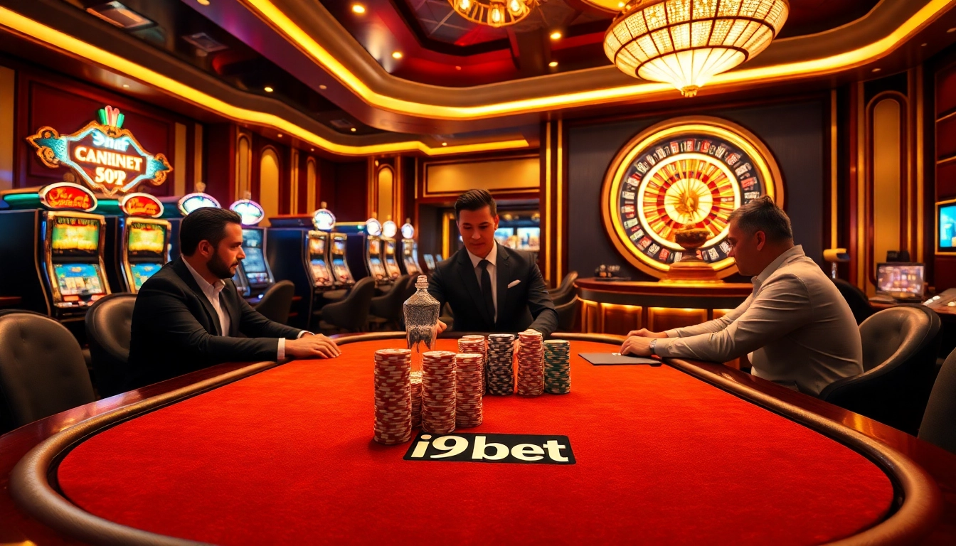 Engaged players immerse in an exciting poker game at i9bet's luxurious casino table.