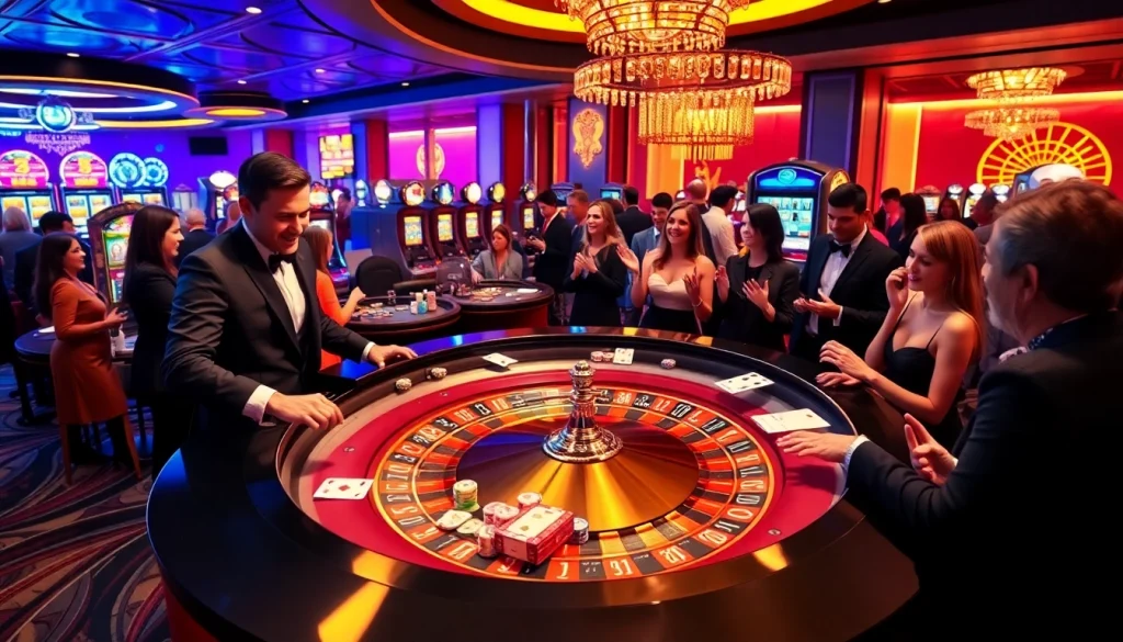 Experience the excitement of MMOO at a vibrant casino, with players celebrating wins at a roulette table.