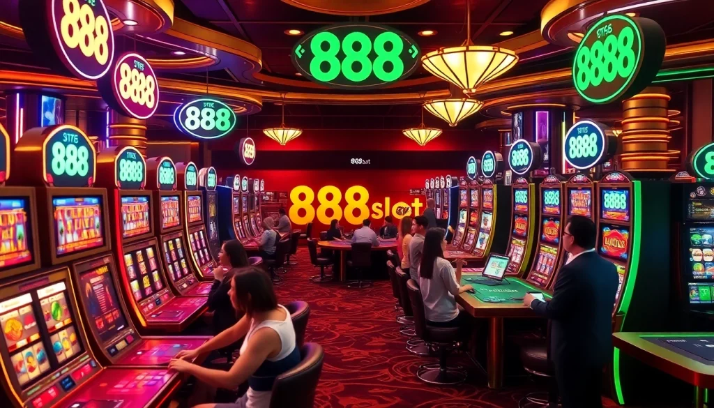 Suasana menarik para pemain di mesin 888slot mewah merayakan kemenangan dan kegembiraan di kasino.