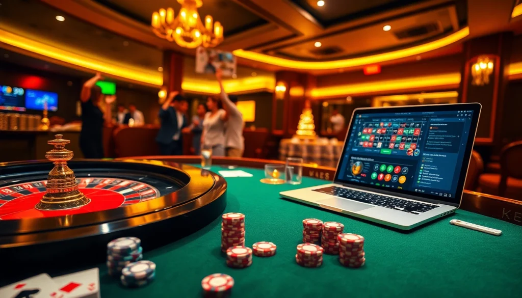 Dewabet Asia casino scene with luxurious table gaming, poker chips, and a display showcasing online gambling features.