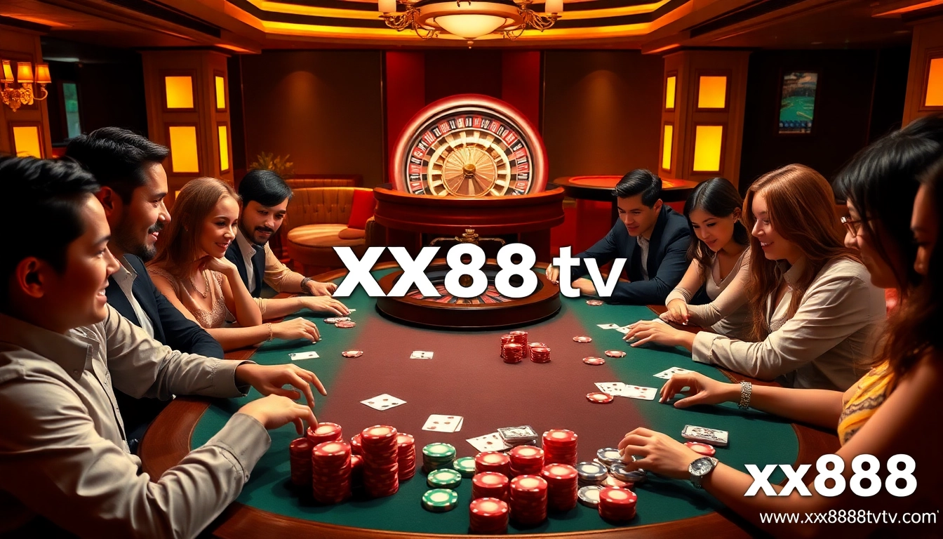 Immerse yourself in the excitement of casino gaming at https://xx88tv.com/, showcasing live poker action and vibrant chips.