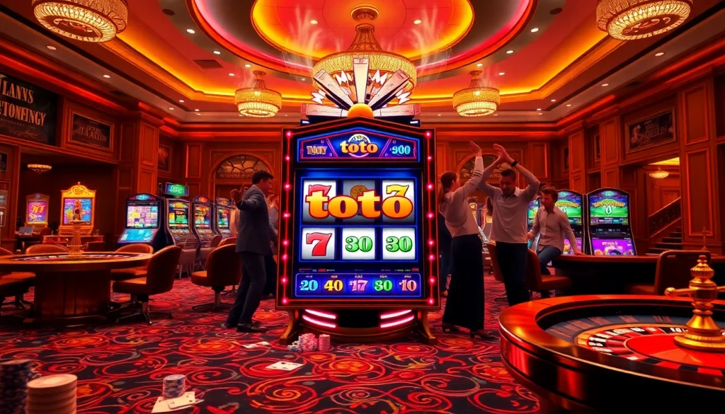 Pemain merayakan kemenangan besar di mesin slot toto dalam setting kasino yang mewah.