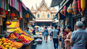ภาพของตลาดไทยที่มีผู้คนซื้อตลาด 8siam สินค้าและผลไม้สดใหม่