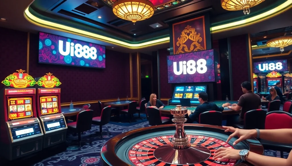 Players engaging in high-stakes card games at UU88 casino, showcasing excitement and elegance.