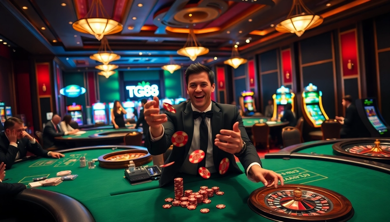 Experience high-stakes excitement at TG88 casino with vibrant slot machines and poker tables.