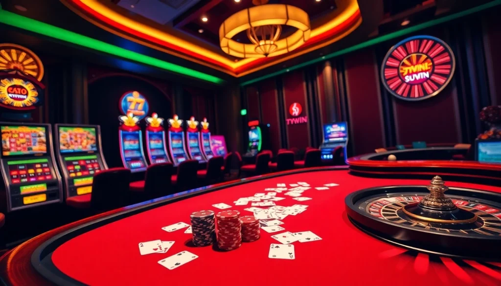 Players enjoying high-stakes action at 77win casino with vibrant poker tables and slot machines.