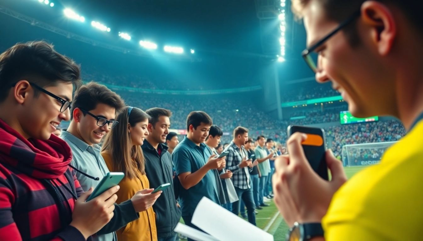 Dynamic scene of bettors analyzing statistics at a football match, reflecting keonhacai betting culture.