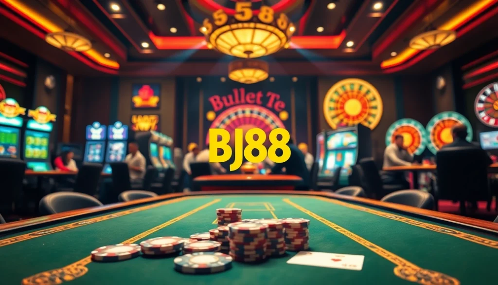 BJ88 casino scene featuring poker games, rewarding slot machines, and an inviting atmosphere.