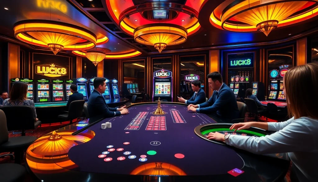 LUCK8 players enjoying a thrilling gaming experience with poker chips and slot machines.