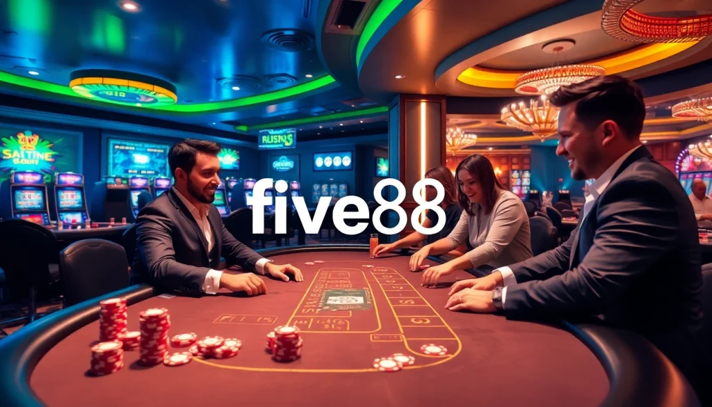 Excited players enjoying high-stakes games at five88's luxurious casino tables.