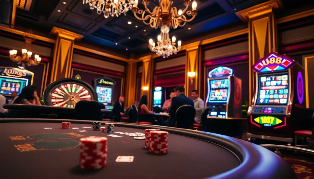 Players enjoying an exciting game at uu88 casino with vibrant table and casino elements.