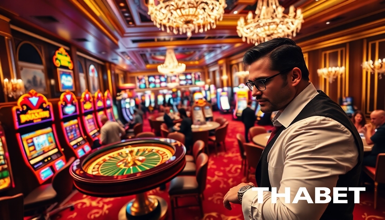 Experience the thrill of THABET with vibrant casino tables and slot machines in a luxurious setting.