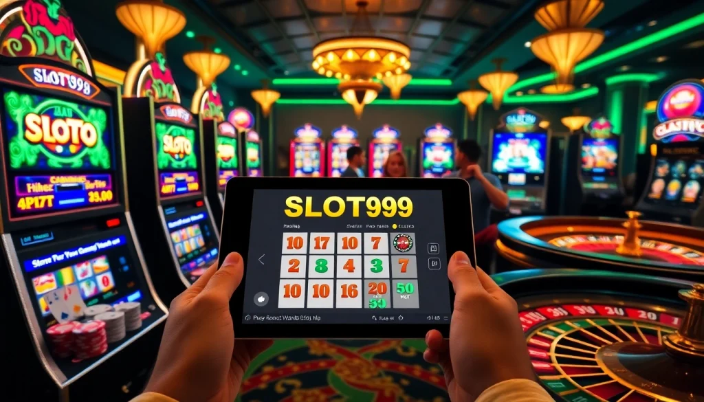 SLOT99 slot machines and vibrant gaming interface in an engaging casino scene.