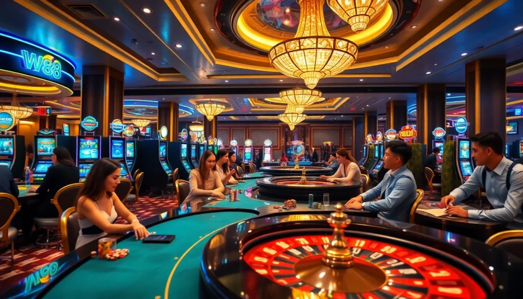 Playing at W88 casino tables surrounded by vibrant lights and luxurious decor.