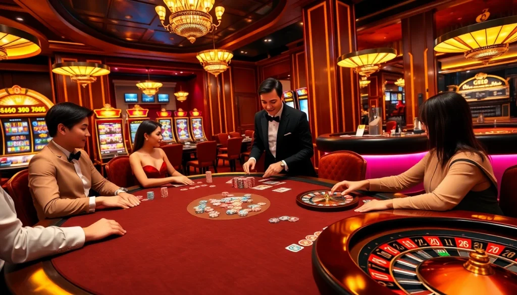 Experience high-stakes gaming at the gi88 poker table with vibrant chips and a roulette wheel.