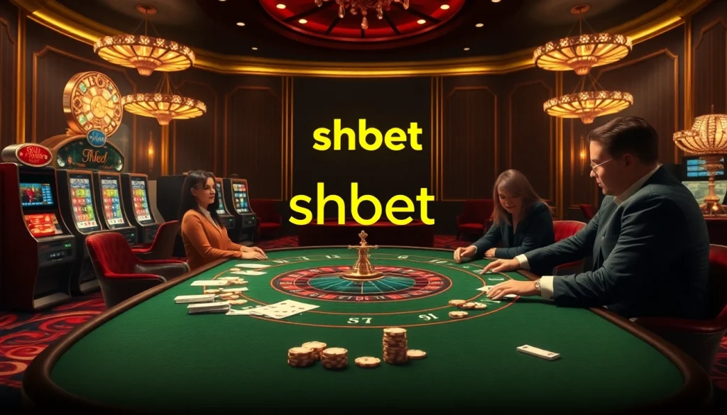 Engage with shbet in a luxurious casino setting featuring poker tables, slot machines, and betting slips.