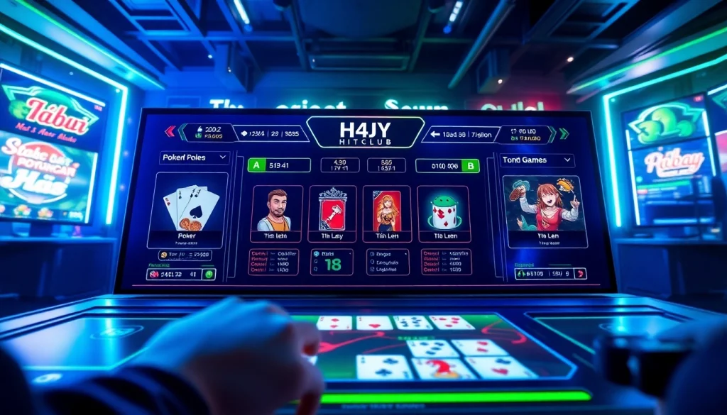 Hitclub gaming dashboard displaying thrilling card games and animated scoreboards.