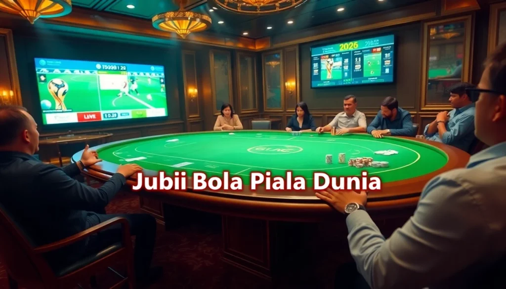 Engaging scene of Judi Bola Piala Dunia betting at an elegant casino table with gamblers placing bets.