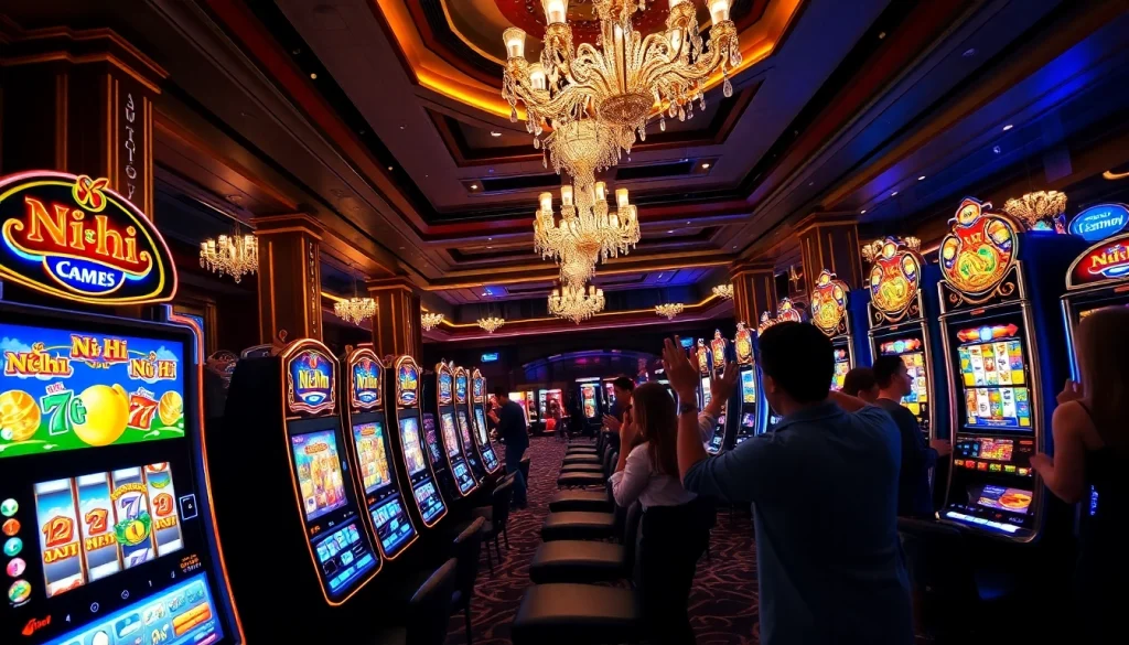 Nổ hũ slot machine excitement with players winning jackpots in a luxury casino atmosphere.