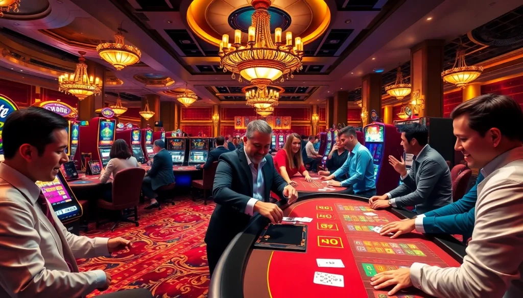 Experience the excitement of AT99娛樂城 with vibrant casino tables and lively patrons engaging in gaming.