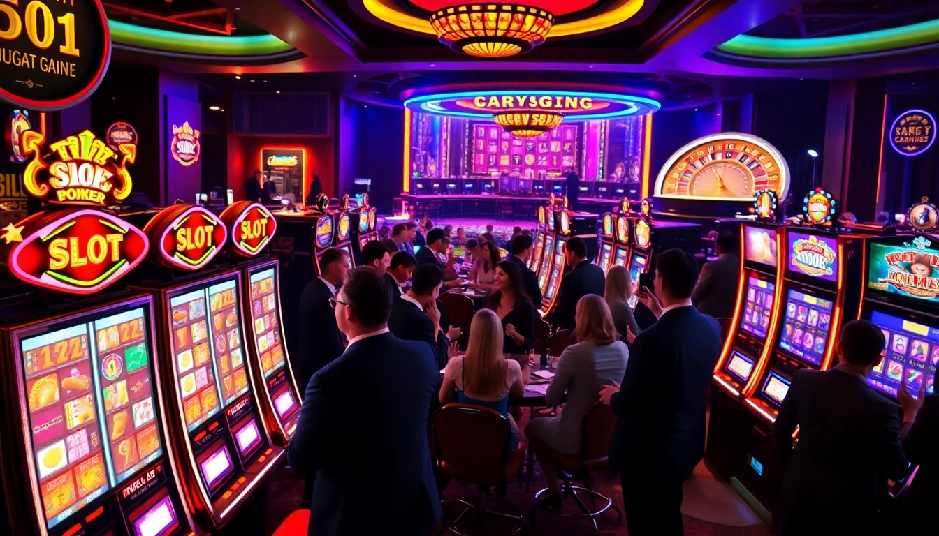 Pemain berinteraksi dengan mesin slot yang berwarna-warni di suasana kasino yang hidup.