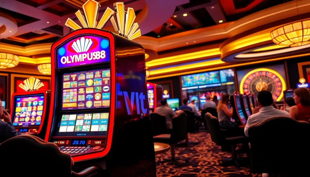 Players engaging with OLYMPUS88 slots in a vibrant casino setting, showcasing excitement and strategy.