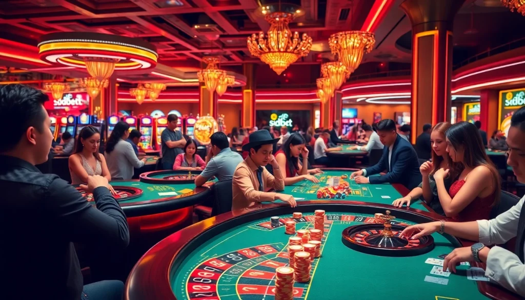 Exciting casino scene showcasing players immersed in games at 3Dbet, with vibrant tables and illuminated slot machines.