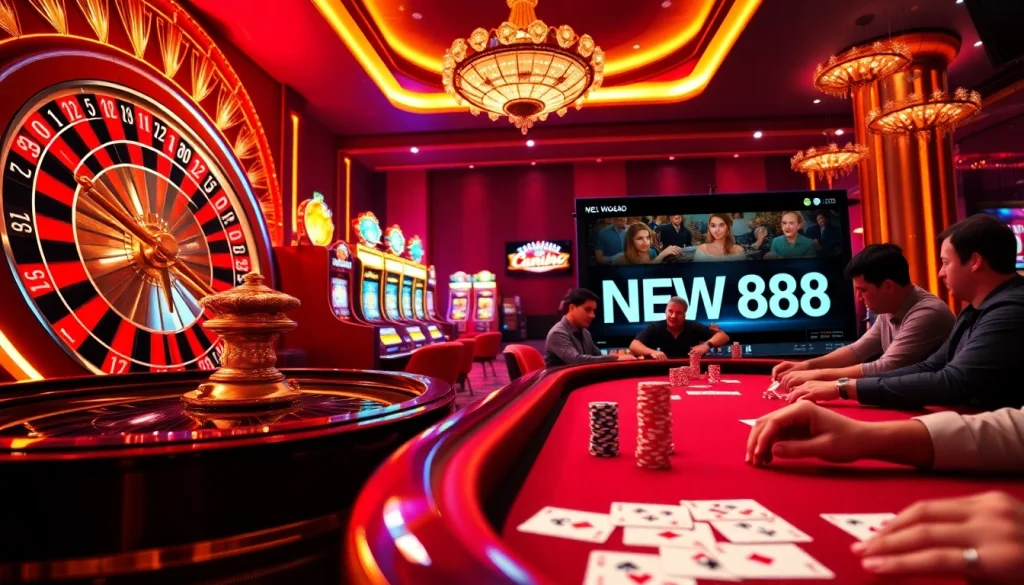 Experience high-stakes gambling at NEW88 with vibrant tables, poker chips, and an electrifying casino atmosphere.