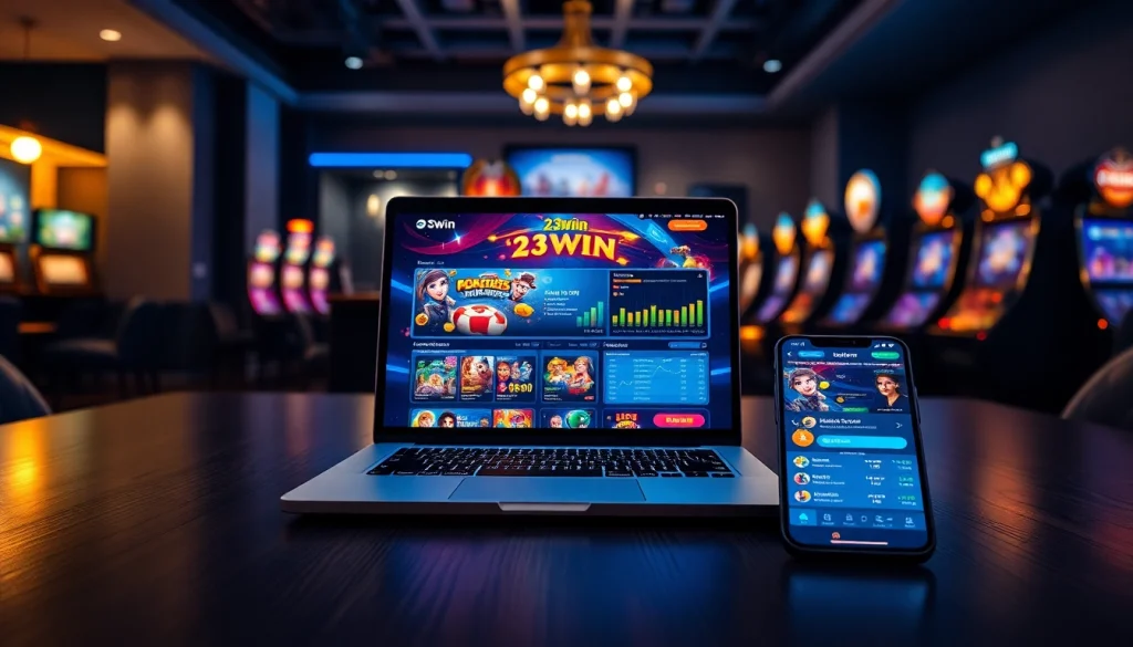23win online gaming platform interface displayed on a laptop and smartphone with vibrant colors.