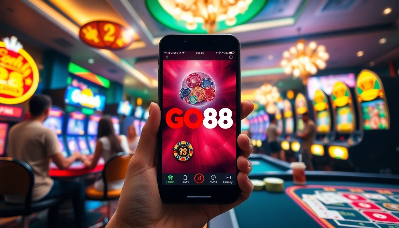 Vibrant scene featuring the GO88 gaming app on a smartphone with card games and slots, embodying online entertainment.