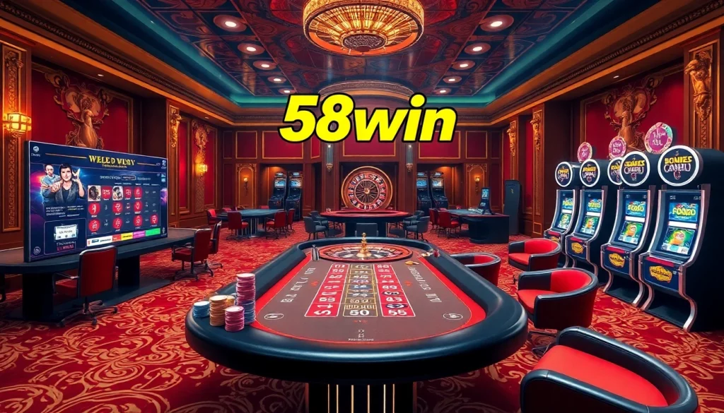 Exciting online gambling scene at 58win with poker tables and slot machines.