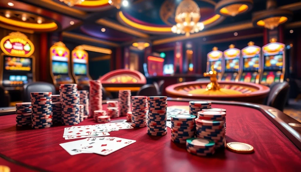 Experience thrilling gameplay at OKFUN casino with vibrant poker tables and roulette wheels.