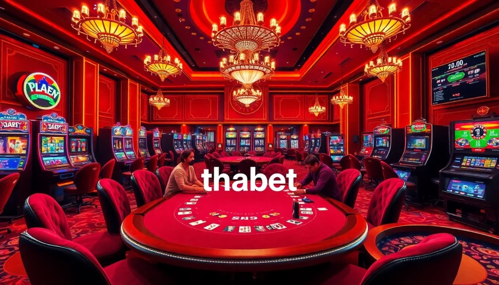 Players enjoying a thrilling poker game at Thabet's luxurious casino, surrounded by vibrant slot machines.