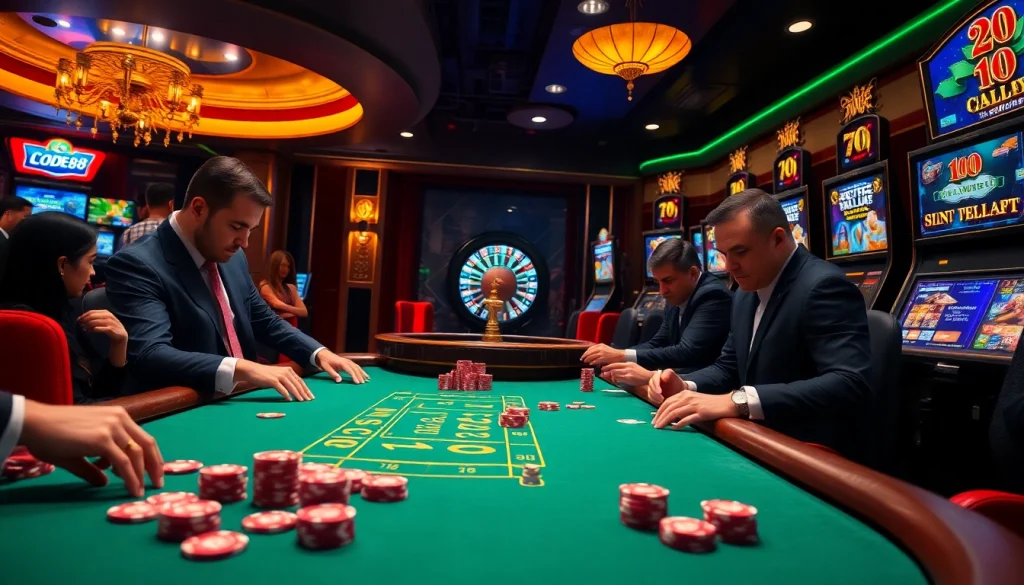 The exhilarating poker scene at LODE88 casino with chips and cards, capturing the thrill of high stakes.