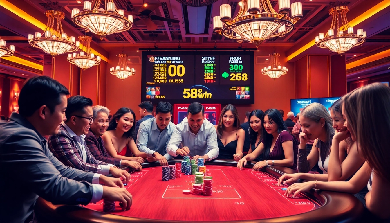 58win casino gaming scene highlighting excitement, luxury, and engagement.