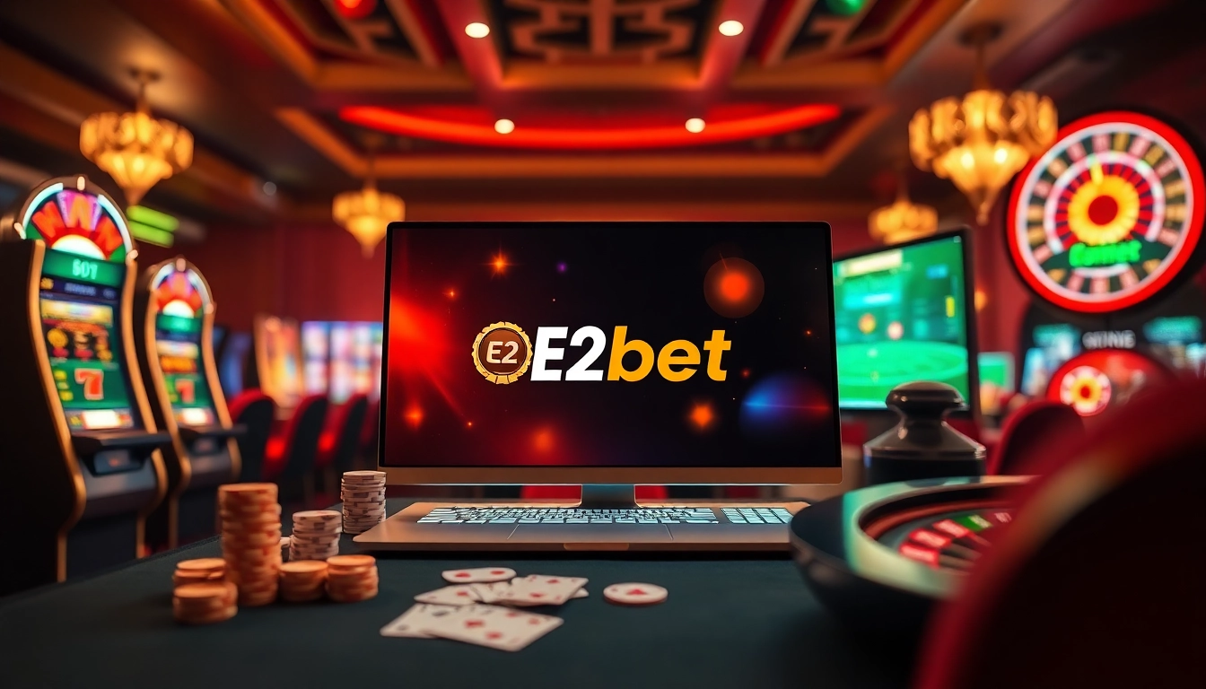 E2bet online casino scene featuring poker tables and slot machines in a luxurious setting.